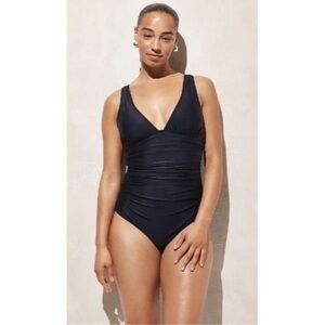 J. Crew Women's Ruched V-Neck One-Piece Black Swimsuit Full Coverage